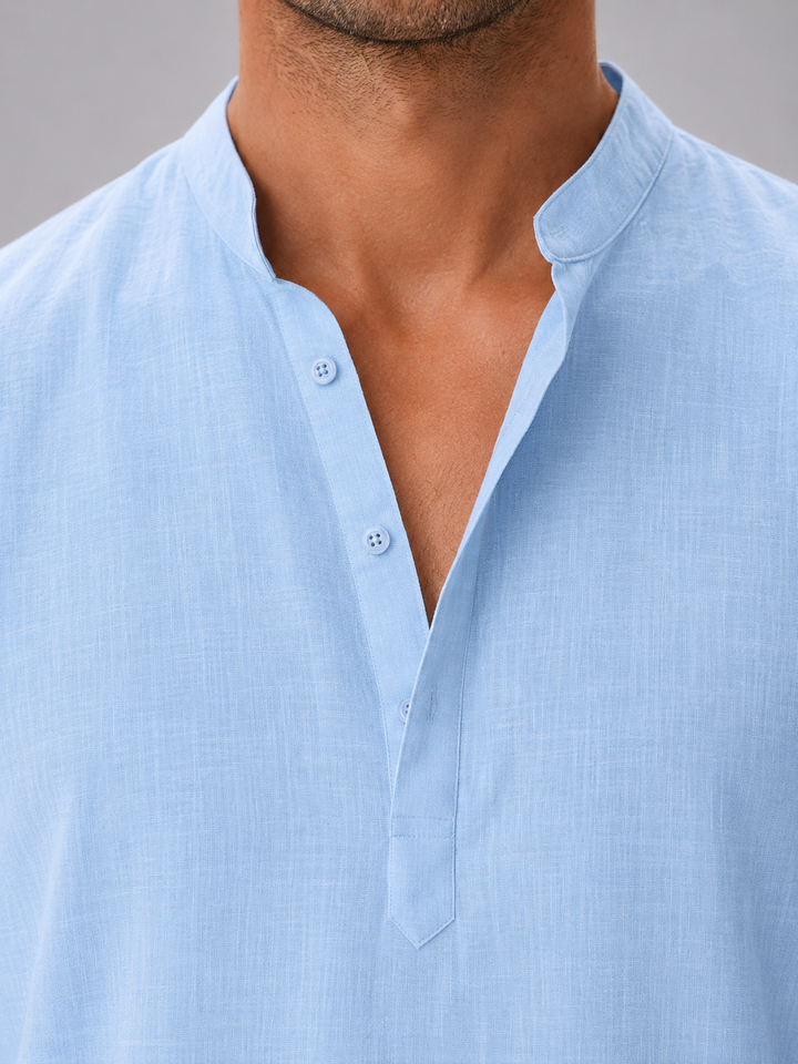 Men’s Linen Look Stand Collar Shirt – Relaxed Summer Style