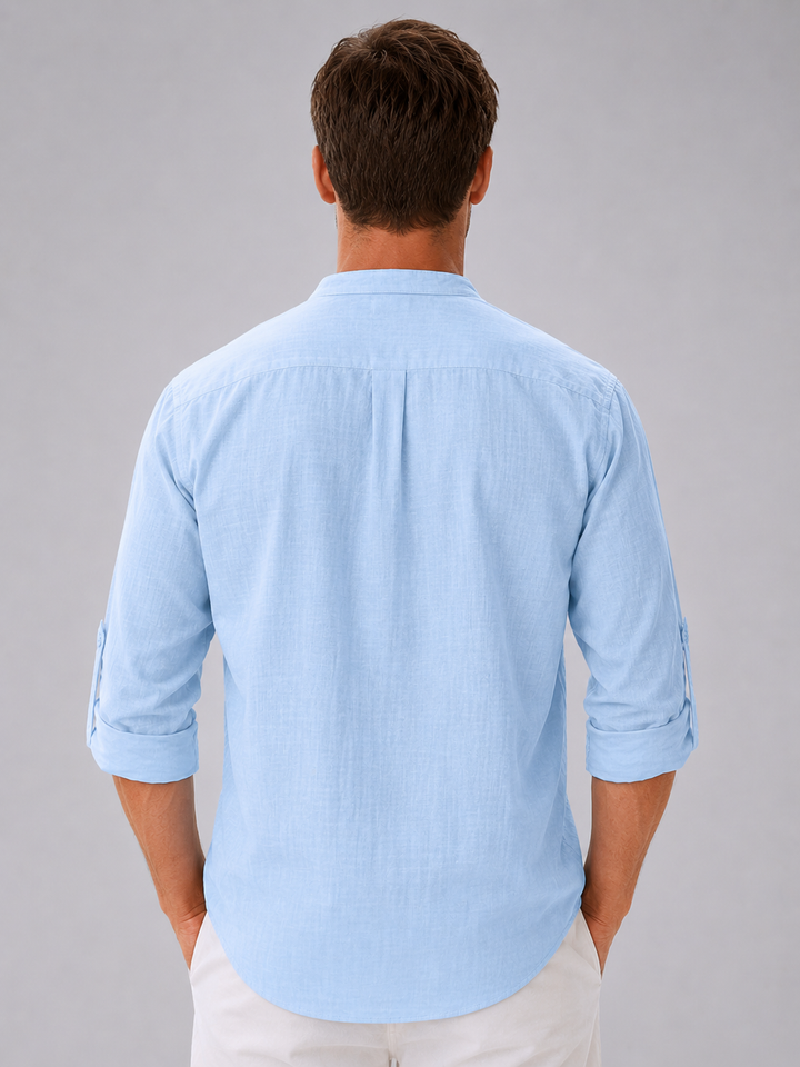 Men’s Linen Look Stand Collar Shirt – Relaxed Summer Style