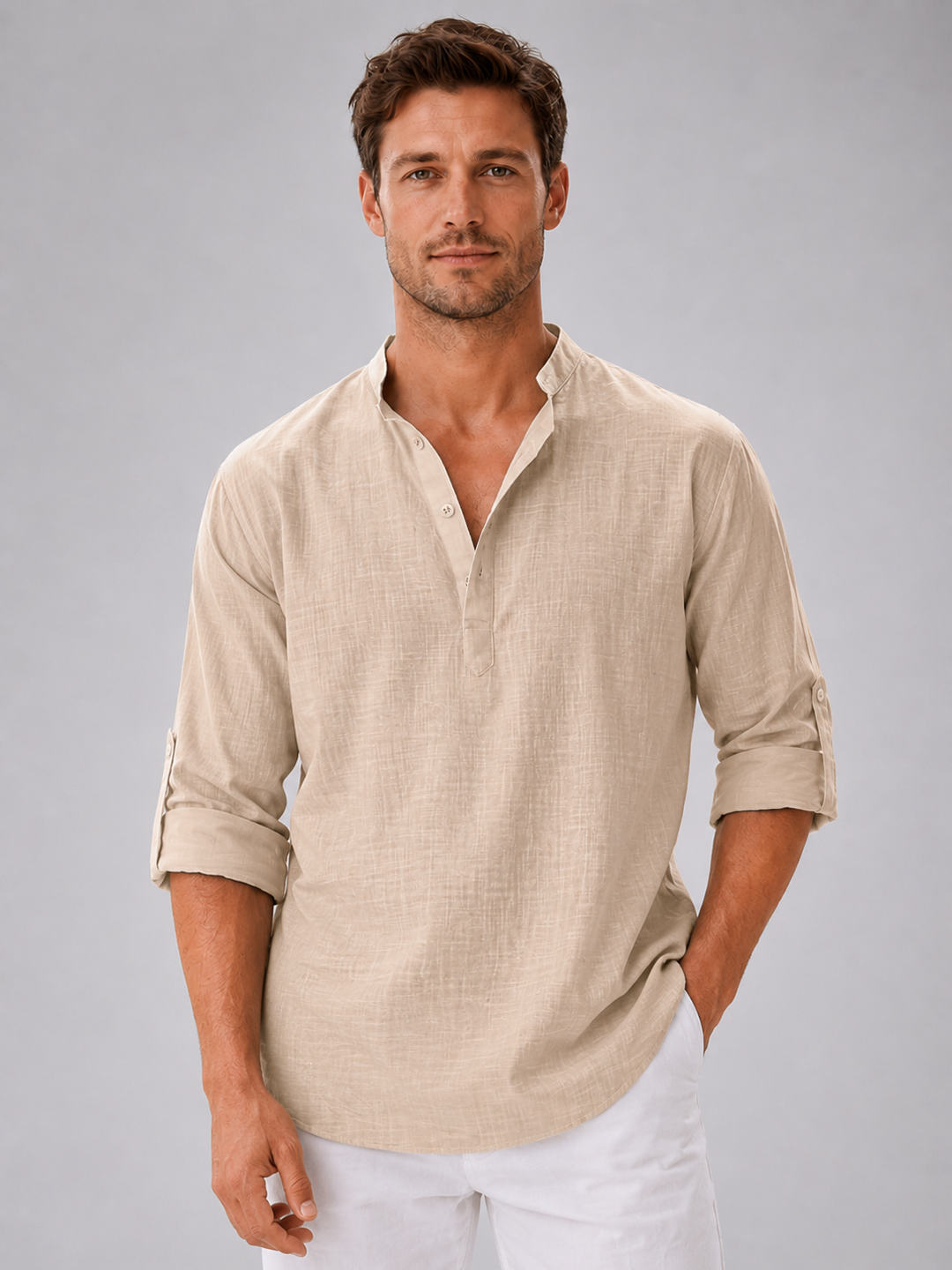 Men’s Linen Look Stand Collar Shirt – Relaxed Summer Style