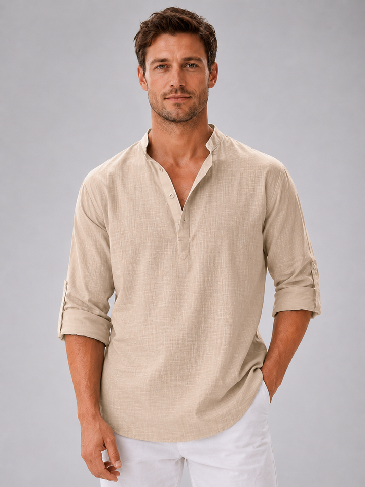 Men’s Linen Look Stand Collar Shirt – Relaxed Summer Style