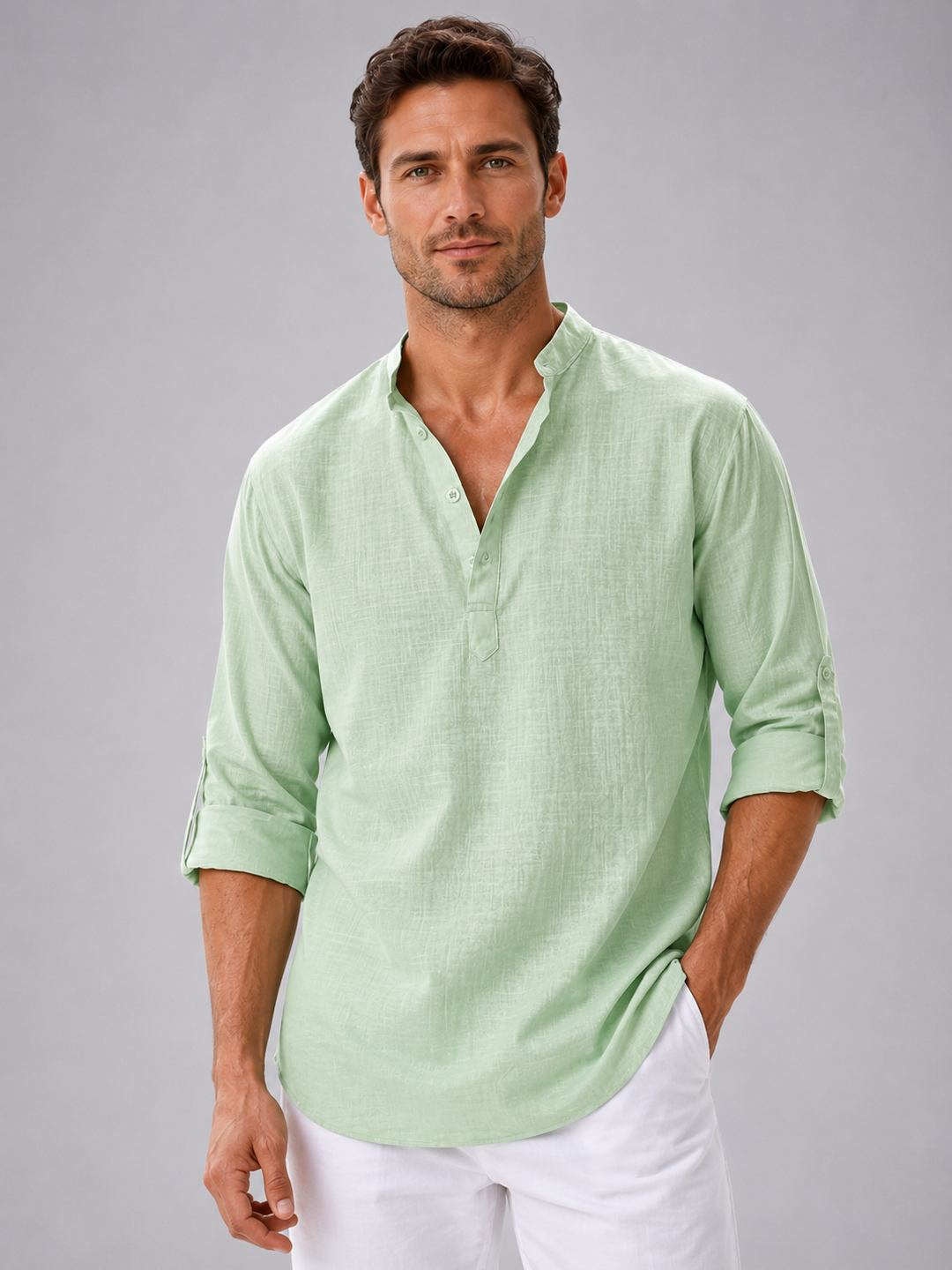 Men’s Linen Look Stand Collar Shirt – Relaxed Summer Style