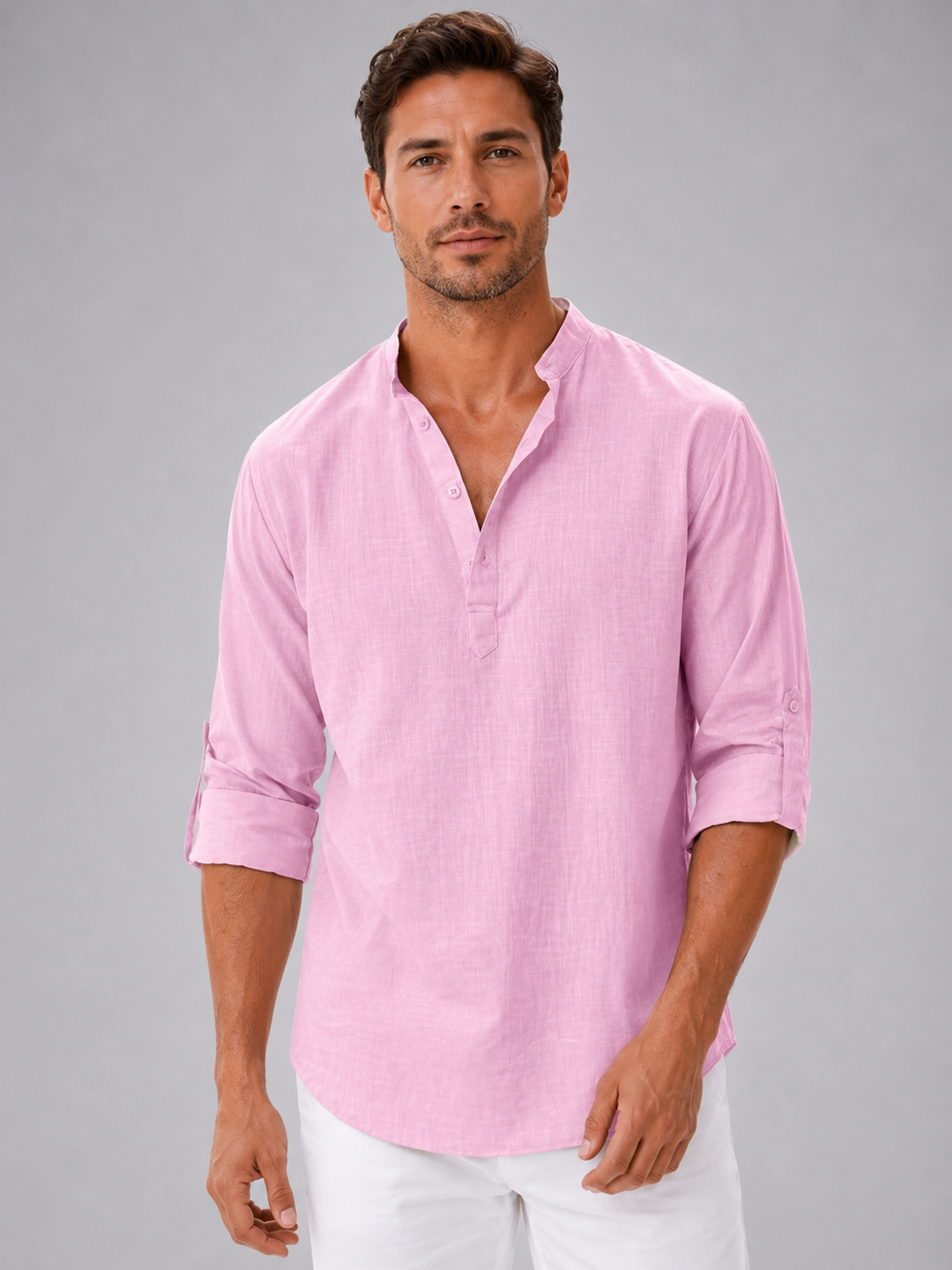 Men’s Linen Look Stand Collar Shirt – Relaxed Summer Style