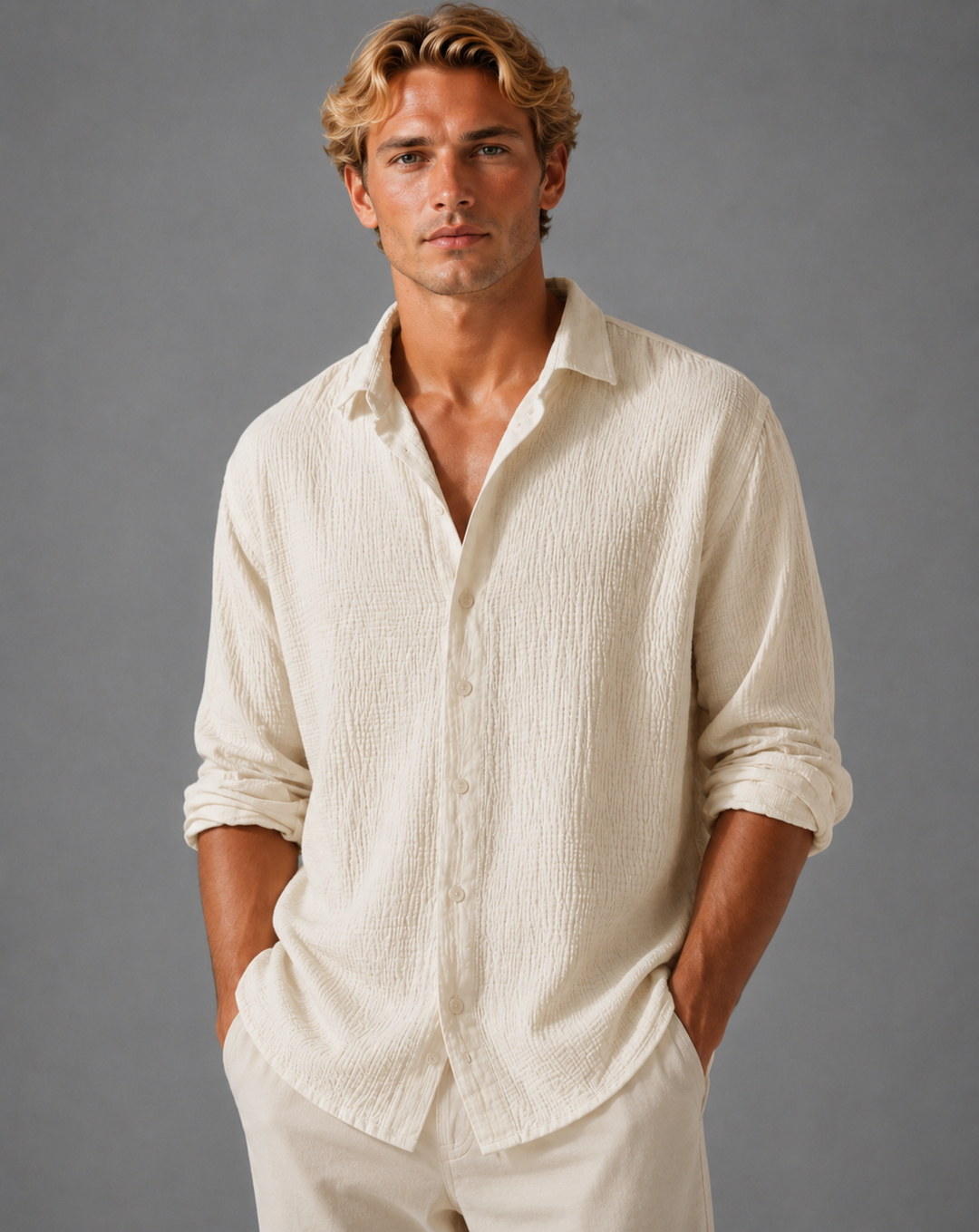 Men's Linen Look Textured Summer Shirt – Relaxed Fit Button-Up