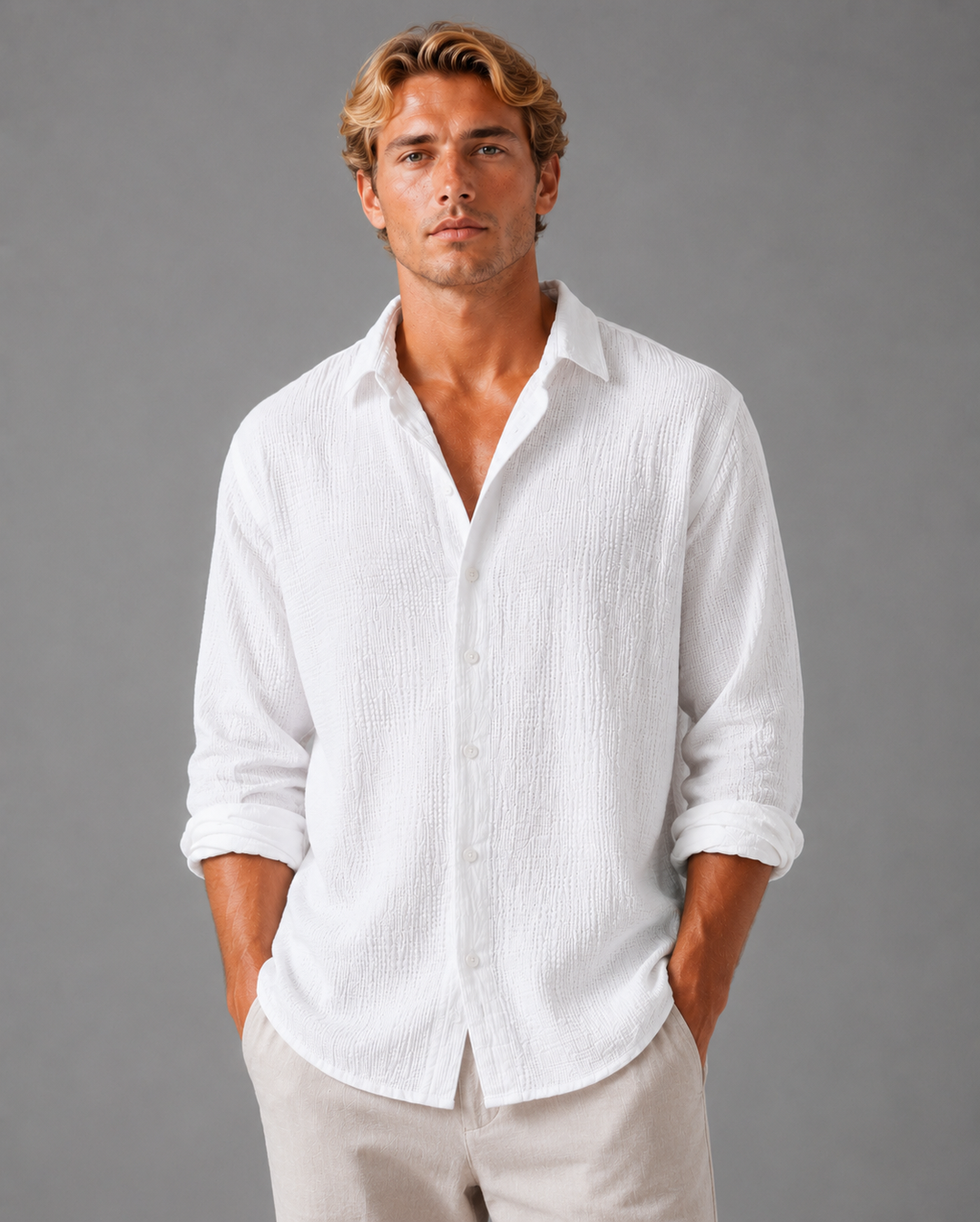 Men's Linen Look Textured Summer Shirt – Relaxed Fit Button-Up