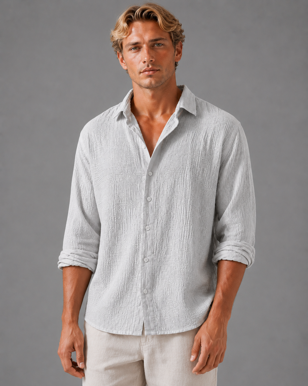 Men's Linen Look Textured Summer Shirt – Relaxed Fit Button-Up