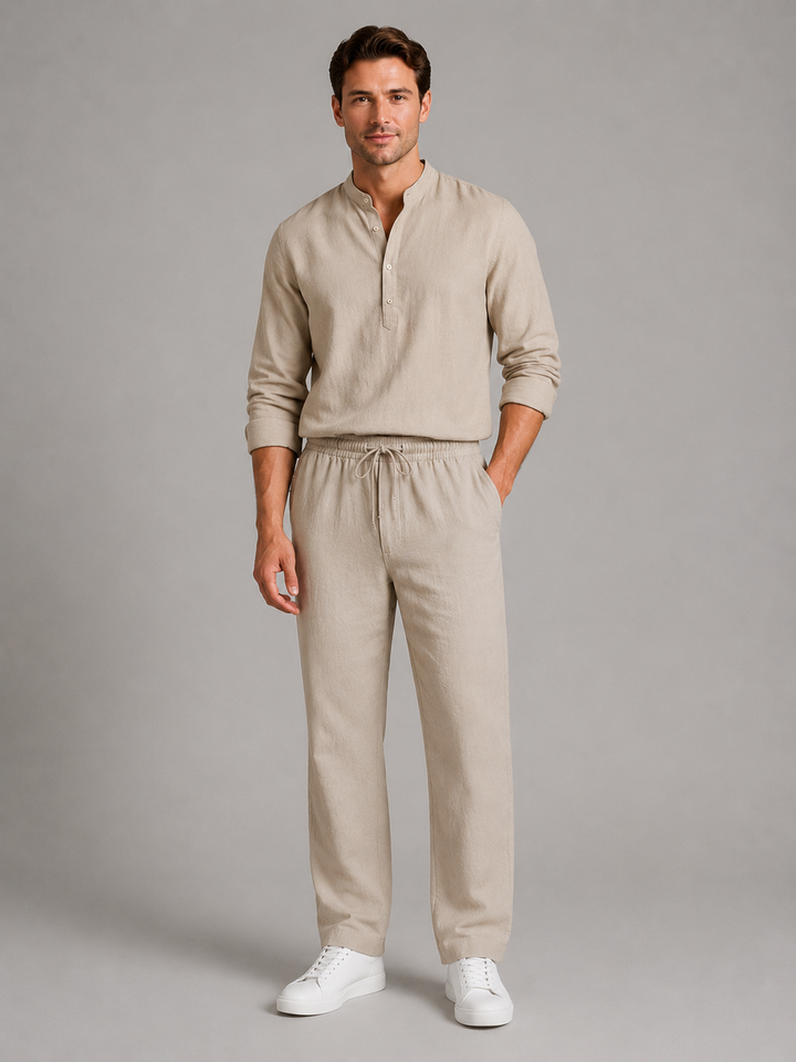 Men's Linen Look Two-Piece Set – Shirt & Drawstring Trousers