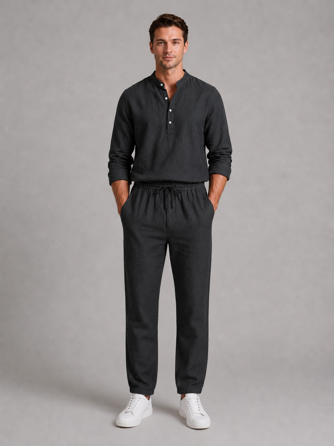 Men's Linen Look Two-Piece Set – Shirt & Drawstring Trousers