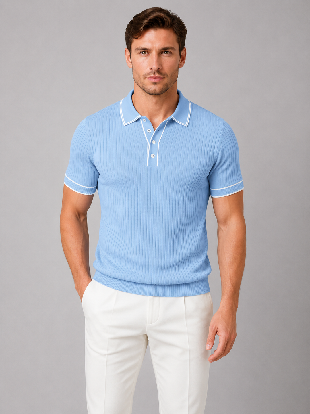 Men's Ribbed Knit Polo Shirt – Breathable Summer Fit