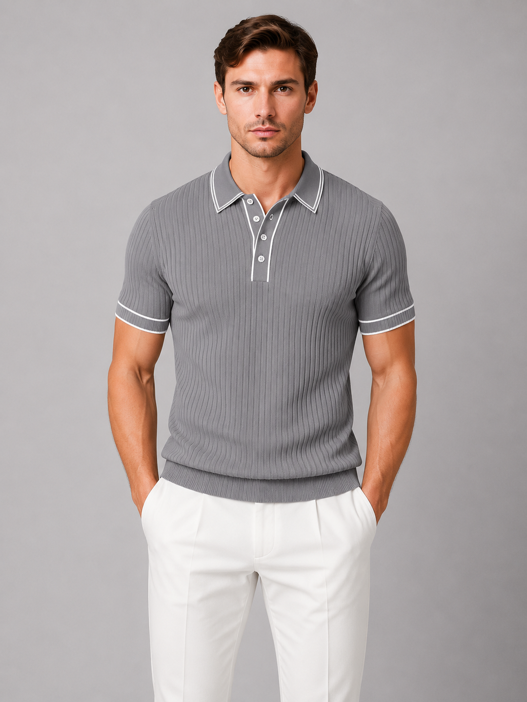 Men's Ribbed Knit Polo Shirt – Breathable Summer Fit