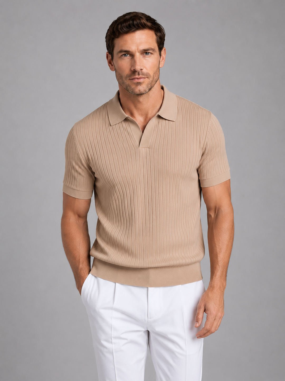 Men’s Ribbed Knit Polo Shirt – Tailored Summer Smart Casual Style