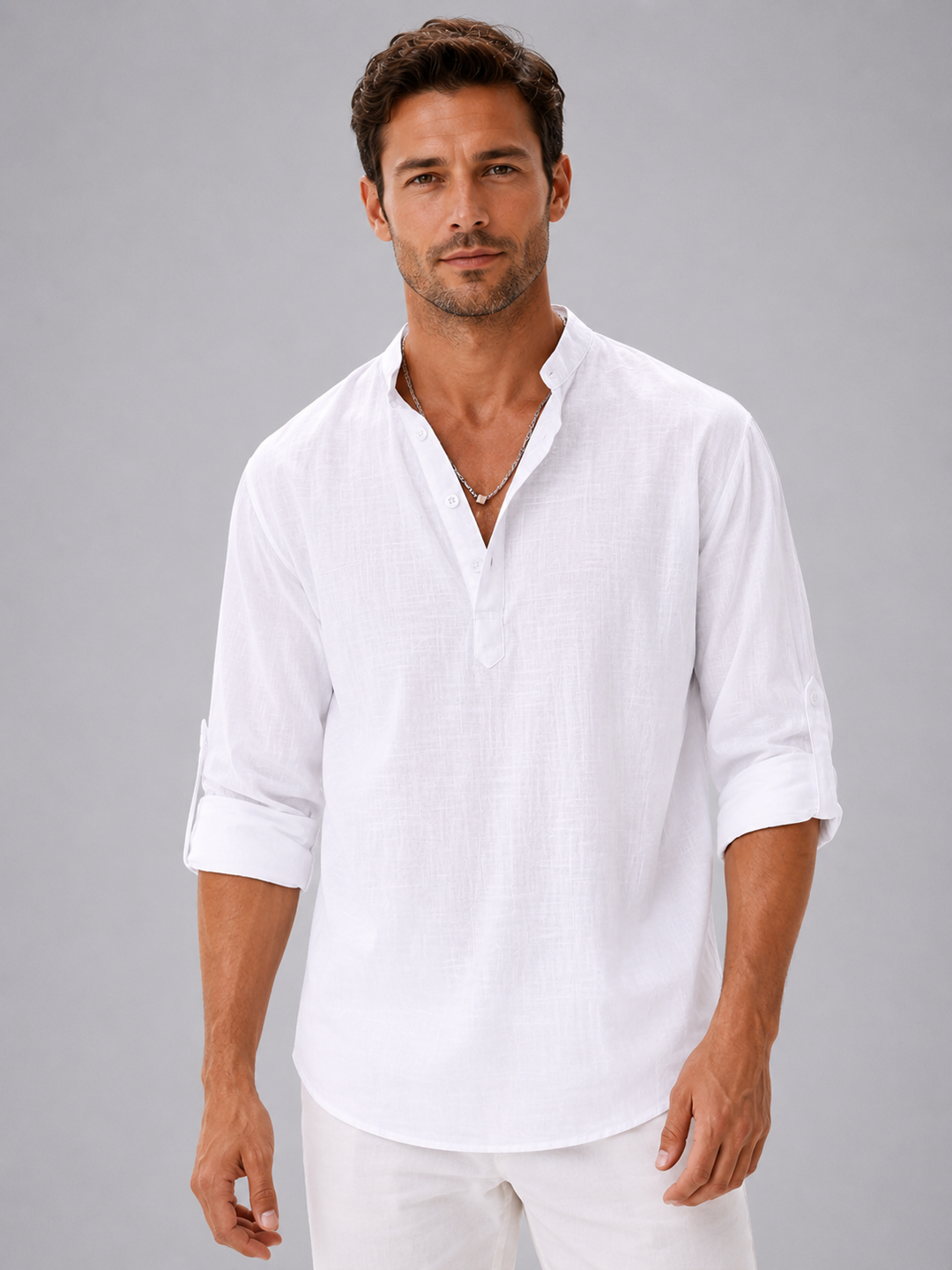 Men’s Linen Look Stand Collar Shirt – Relaxed Summer Style