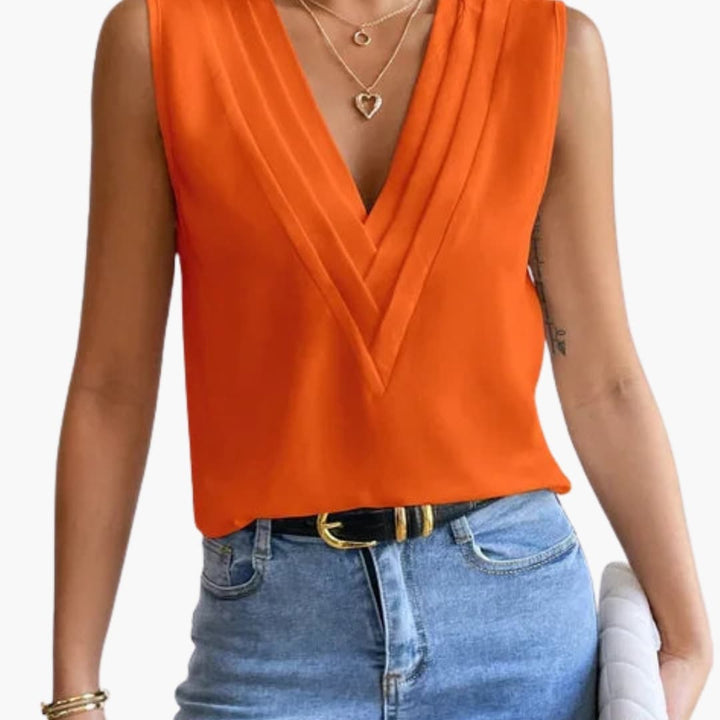 Solenne | Elegant V-Neck Sleeveless Draped Women’s Blouse