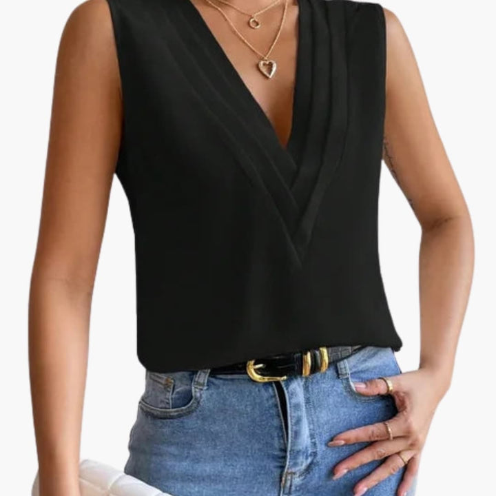 Solenne | Elegant V-Neck Sleeveless Draped Women’s Blouse