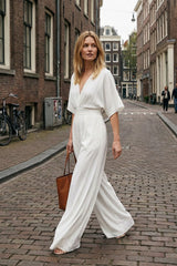 Women's Long Jumpsuit with V-Neck and Wide Leg