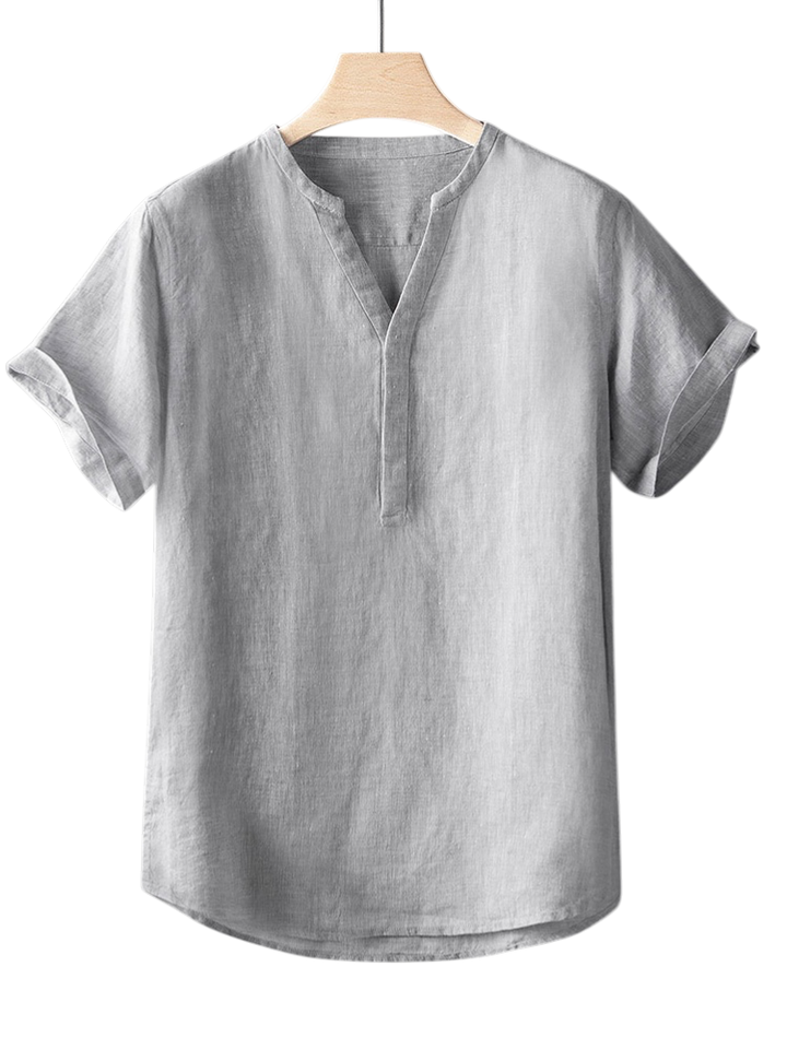 Minimal V-Neck Short-Sleeved Linen Shirt