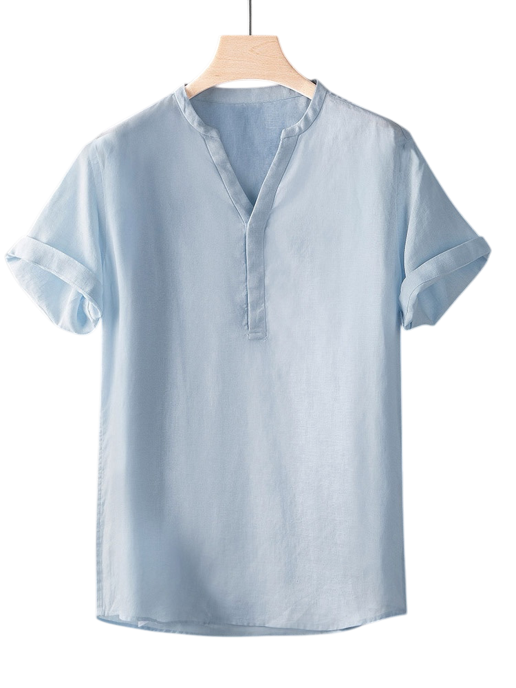 Minimal V-Neck Short-Sleeved Linen Shirt