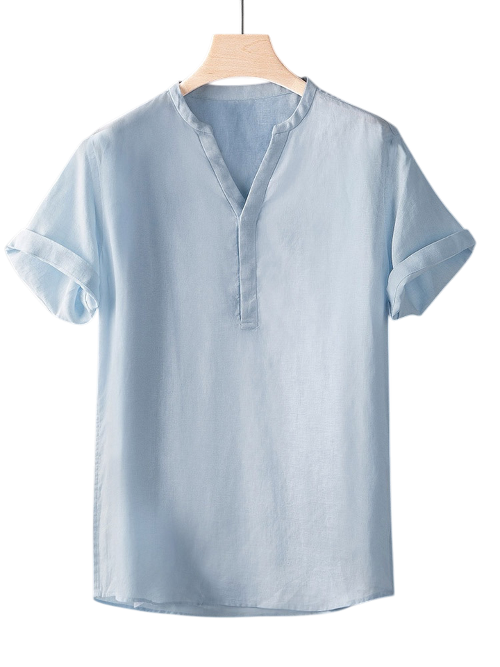Minimal V-Neck Short-Sleeved Linen Shirt