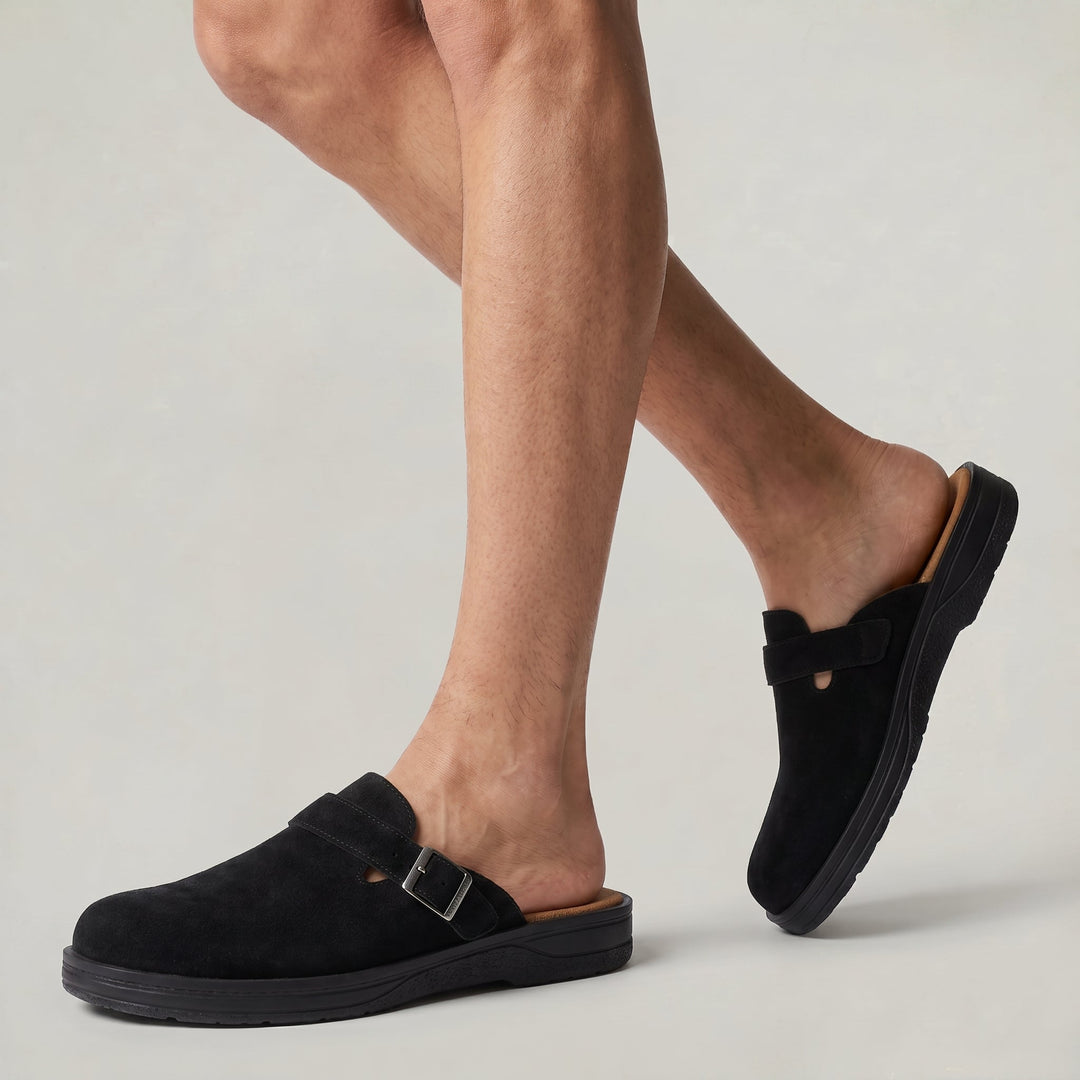 Men's PU Leather Mule Clogs — Buckle Strap Slip On Casual Flat Shoes