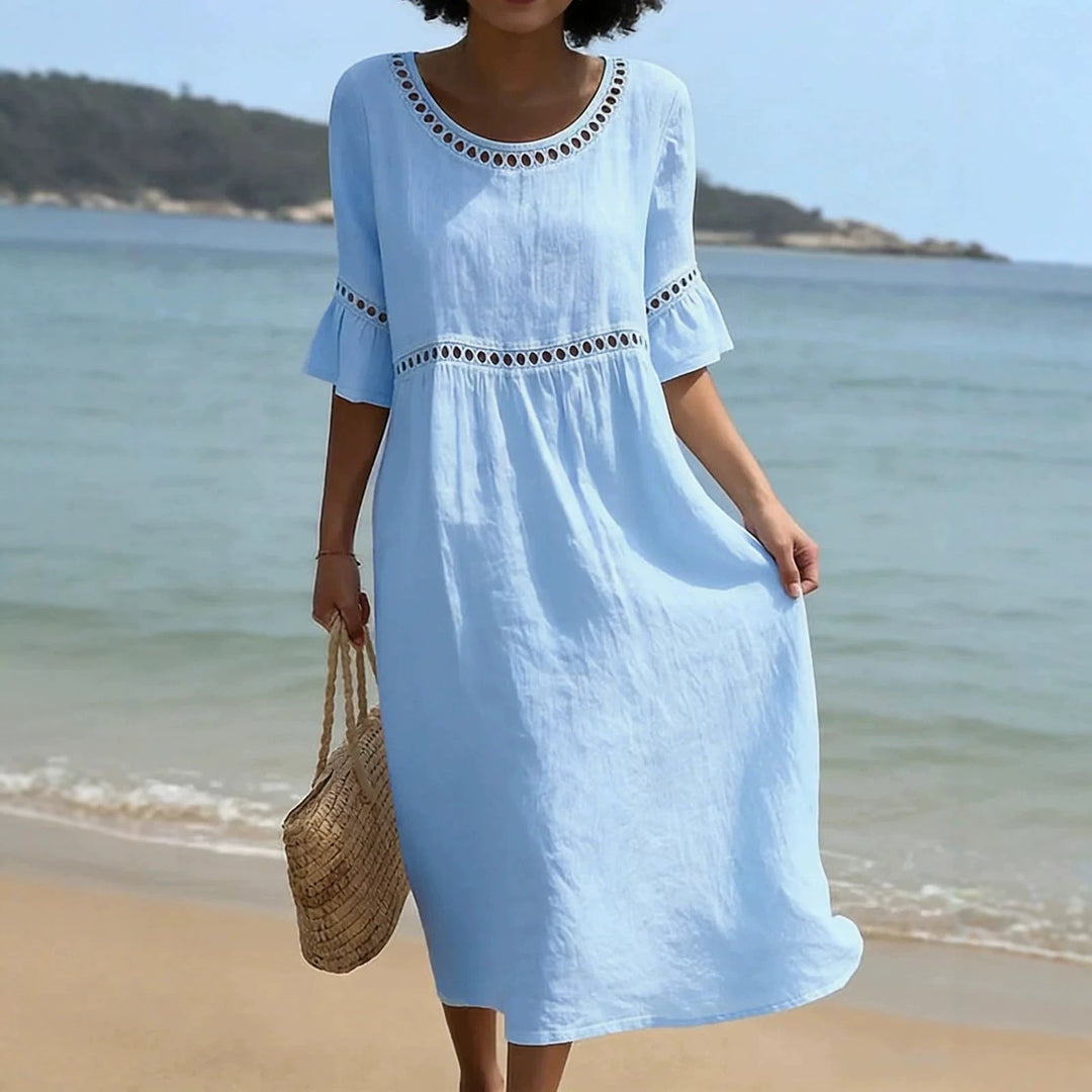 Relaxed Linen Summer Midi Dress with Hollow Out Detail and Flared Sleeves