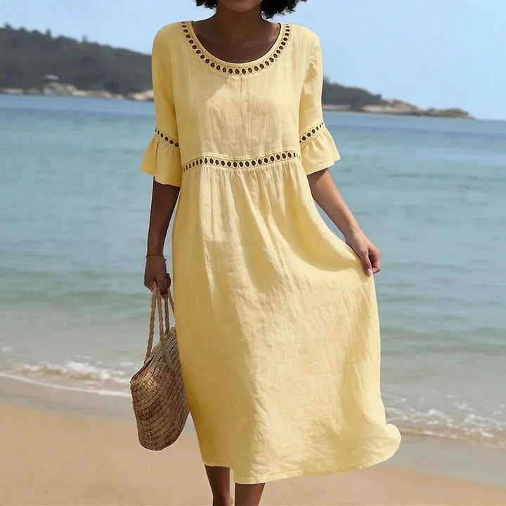 Relaxed Linen Summer Midi Dress with Hollow Out Detail and Flared Sleeves