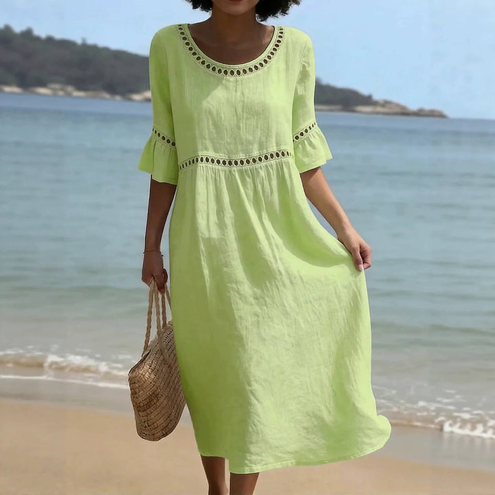 Relaxed Linen Summer Midi Dress with Hollow Out Detail and Flared Sleeves