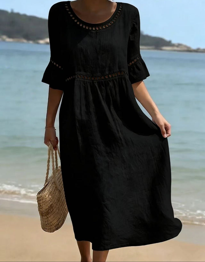 Relaxed Linen Summer Midi Dress with Hollow Out Detail and Flared Sleeves
