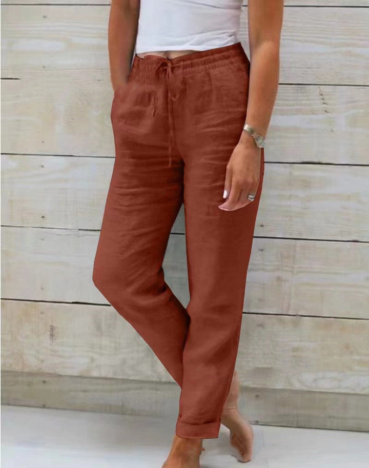 Relaxed Linen Trousers with Drawstring Waist and Straight Leg