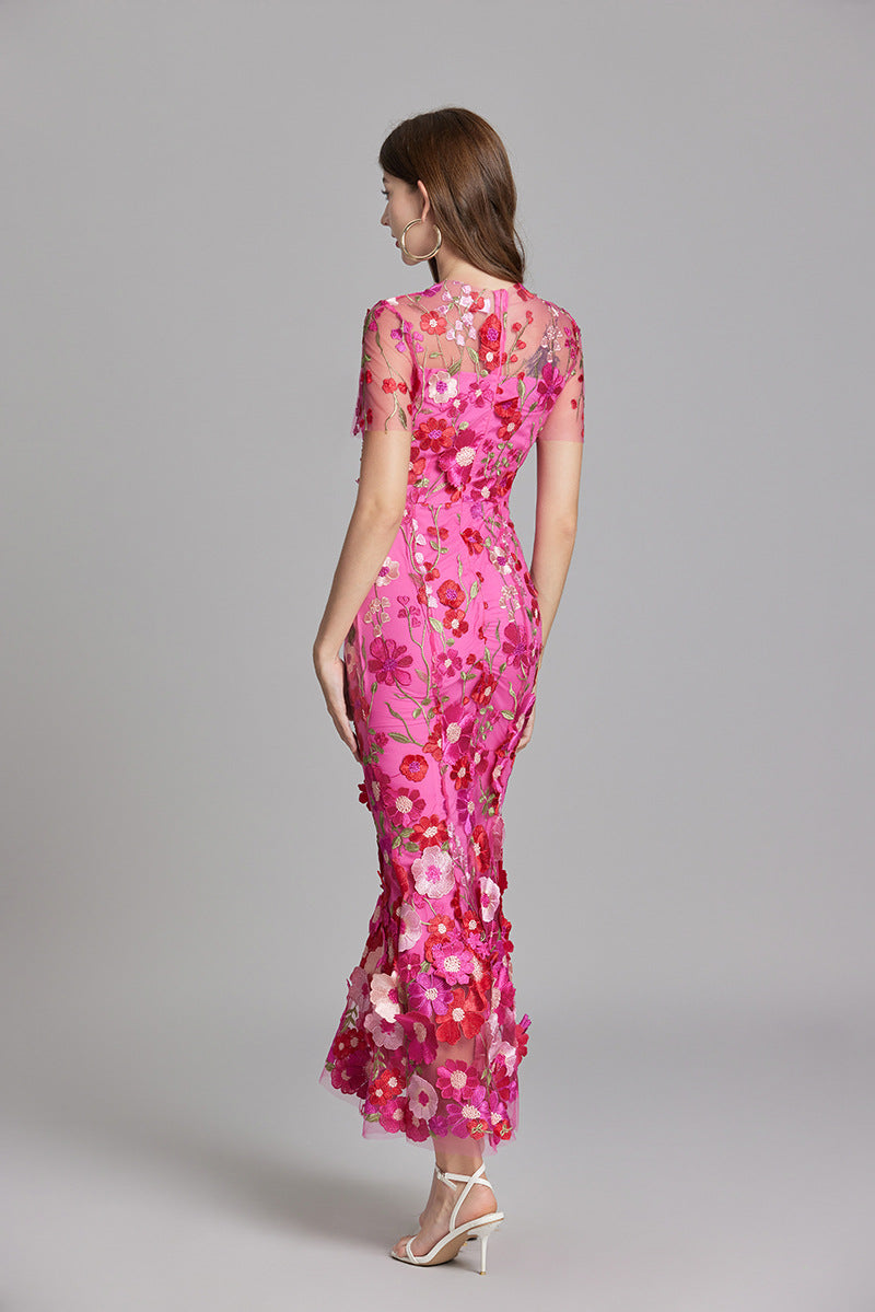 Women’s Floral Midi Dress – 3D Appliqué Wedding Guest Dress