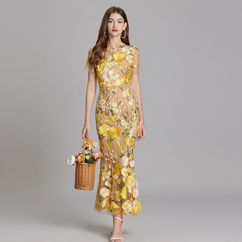Women’s Floral Midi Dress – 3D Appliqué Wedding Guest Dress