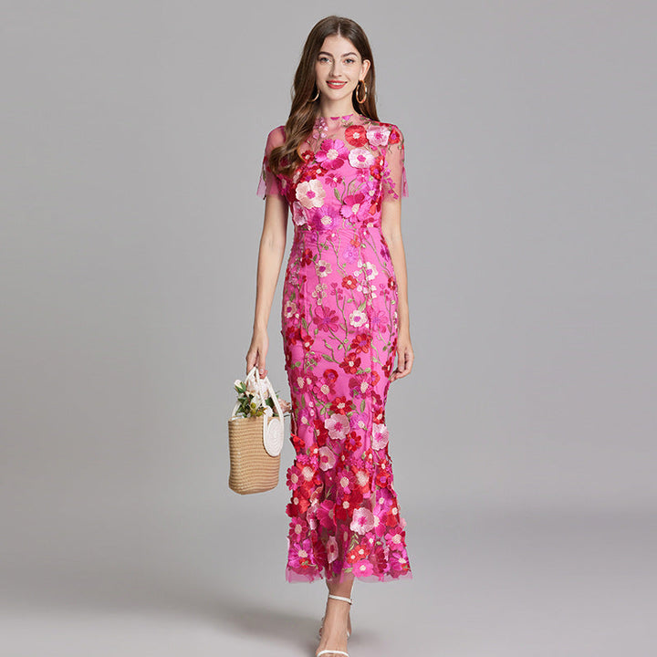 Women’s Floral Midi Dress – 3D Appliqué Wedding Guest Dress