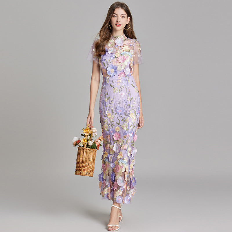Women’s Floral Midi Dress – 3D Appliqué Wedding Guest Dress