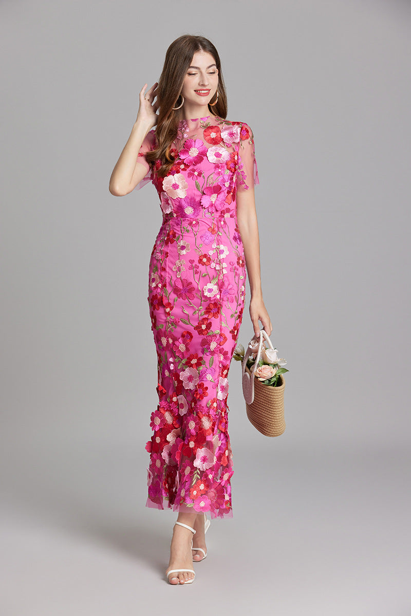 Women’s Floral Midi Dress – 3D Appliqué Wedding Guest Dress