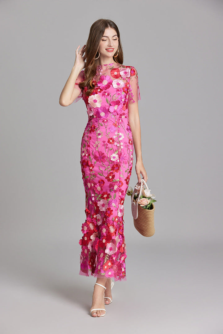 Women’s Floral Midi Dress – 3D Appliqué Wedding Guest Dress