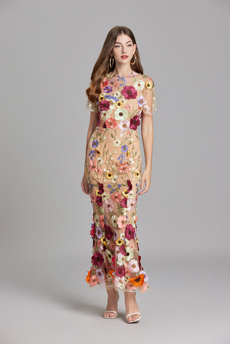 Women’s Floral Midi Dress – 3D Appliqué Wedding Guest Dress
