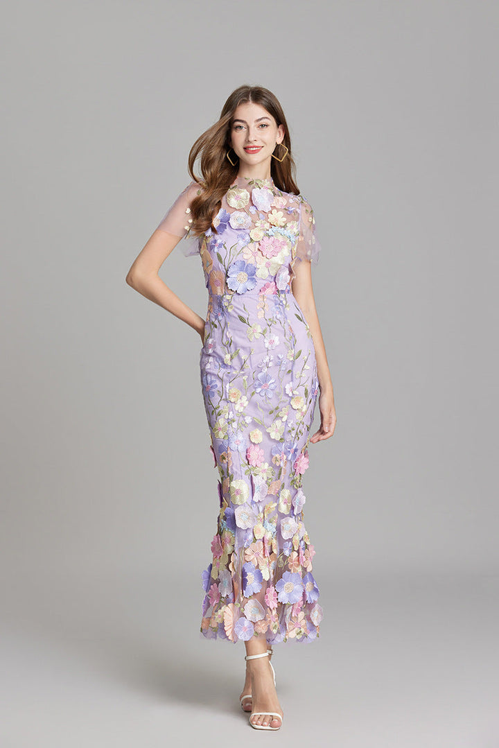 Women’s Floral Midi Dress – 3D Appliqué Wedding Guest Dress