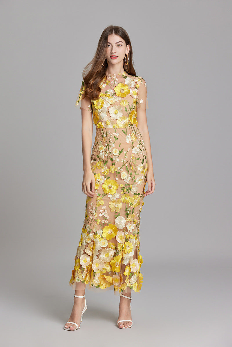 Women’s Floral Midi Dress – 3D Appliqué Wedding Guest Dress