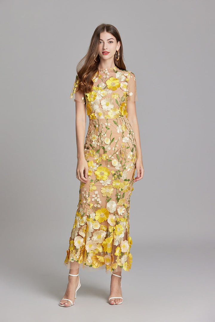 Women’s Floral Midi Dress – 3D Appliqué Wedding Guest Dress