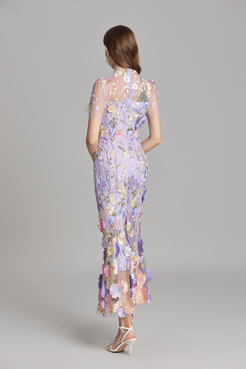 Women’s Floral Midi Dress – 3D Appliqué Wedding Guest Dress