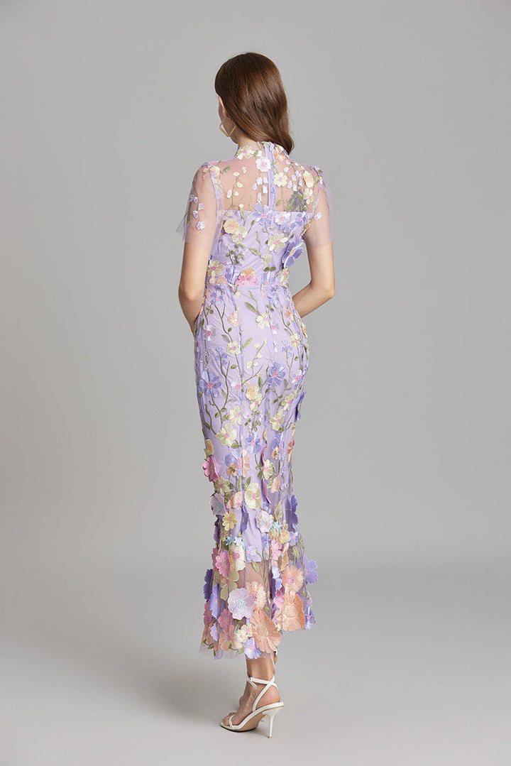 Women’s Floral Midi Dress – 3D Appliqué Wedding Guest Dress