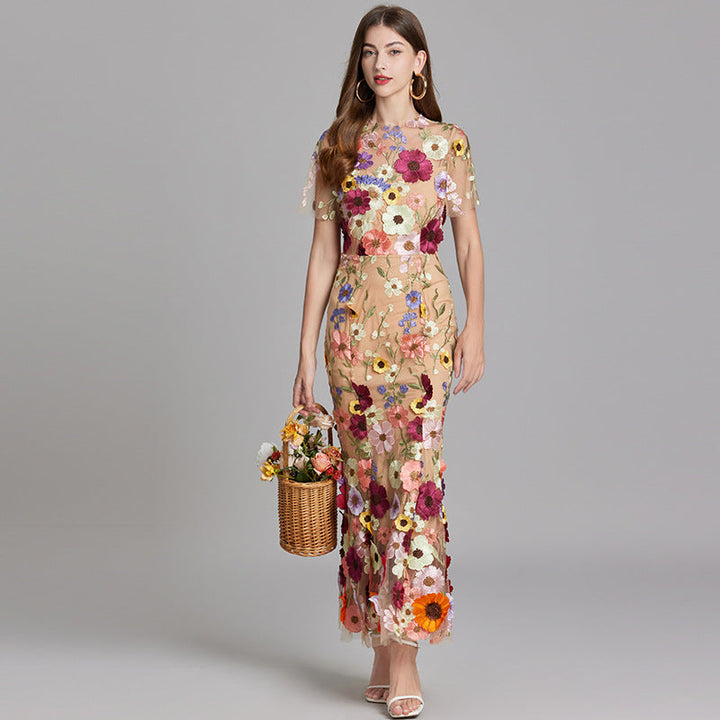 Women’s Floral Midi Dress – 3D Appliqué Wedding Guest Dress