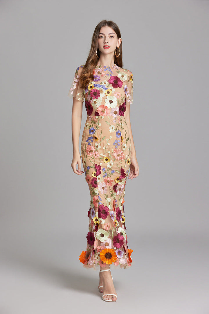 Women’s Floral Midi Dress – 3D Appliqué Wedding Guest Dress