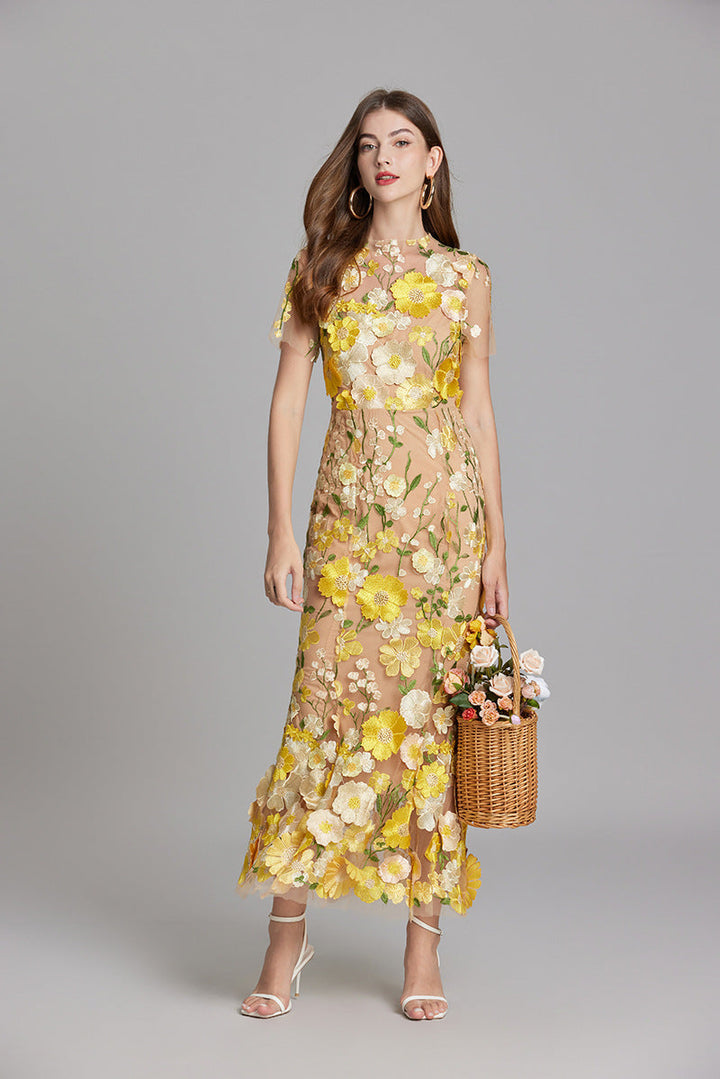 Women’s Floral Midi Dress – 3D Appliqué Wedding Guest Dress