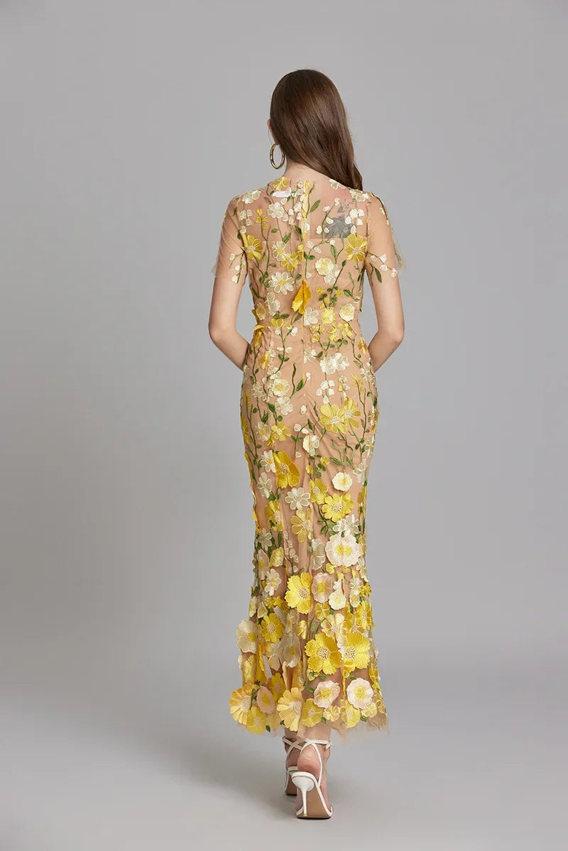 Women’s Floral Midi Dress – 3D Appliqué Wedding Guest Dress