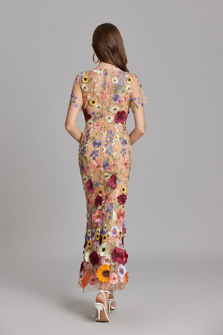 Women’s Floral Midi Dress – 3D Appliqué Wedding Guest Dress