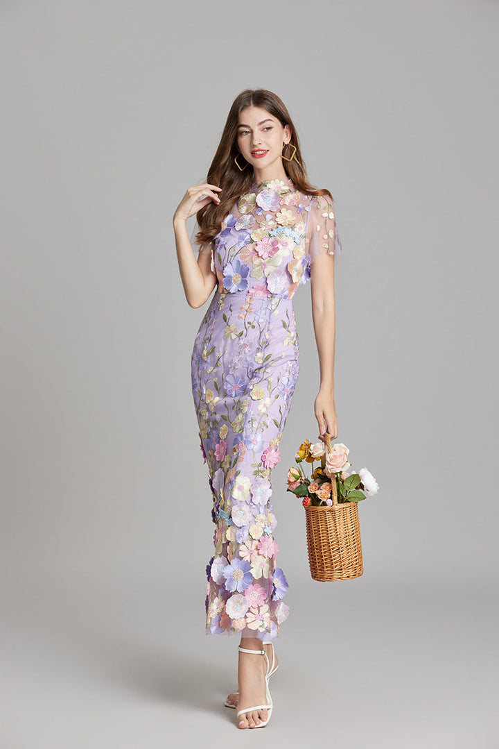 Women’s Floral Midi Dress – 3D Appliqué Wedding Guest Dress