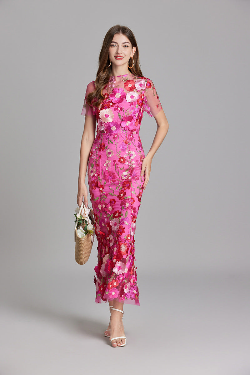Women’s Floral Midi Dress – 3D Appliqué Wedding Guest Dress