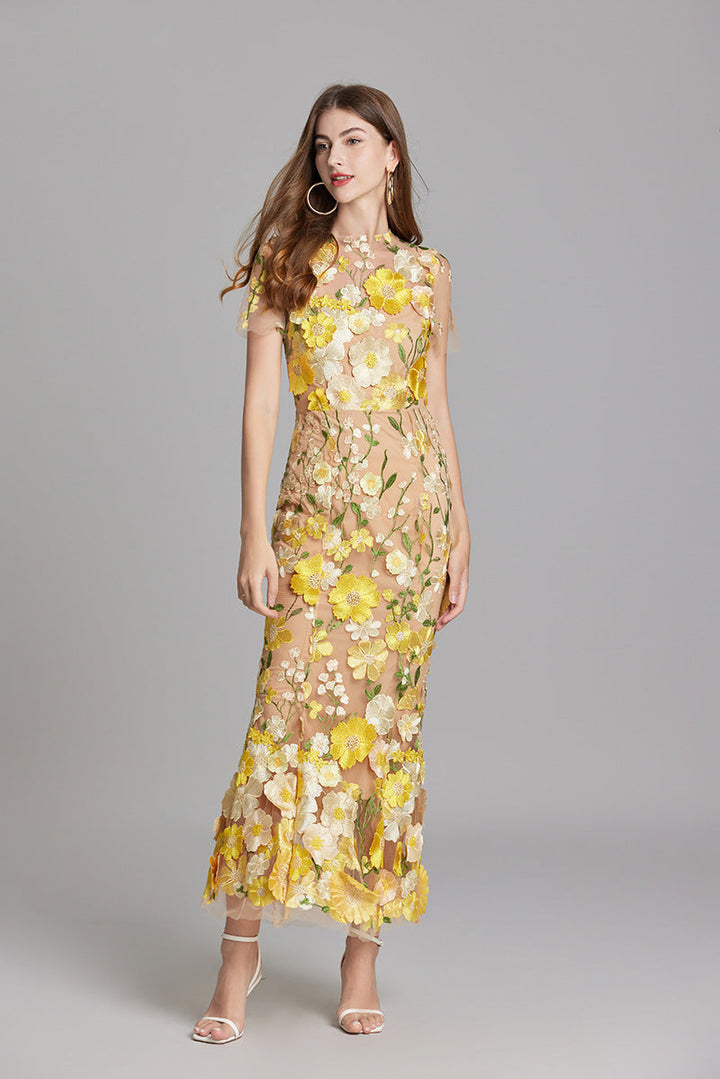 Women’s Floral Midi Dress – 3D Appliqué Wedding Guest Dress