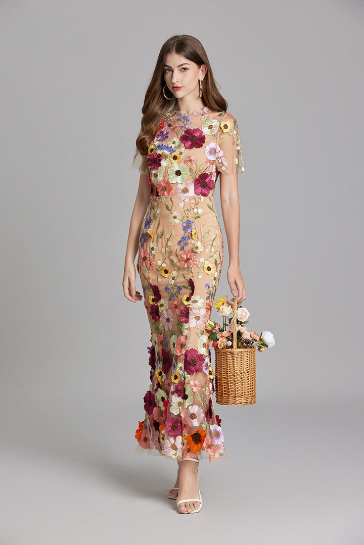 Women’s Floral Midi Dress – 3D Appliqué Wedding Guest Dress