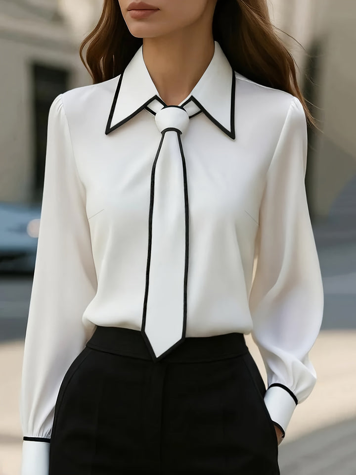 Olivia | Elegant Tie Neck Contrast Collar Blouse