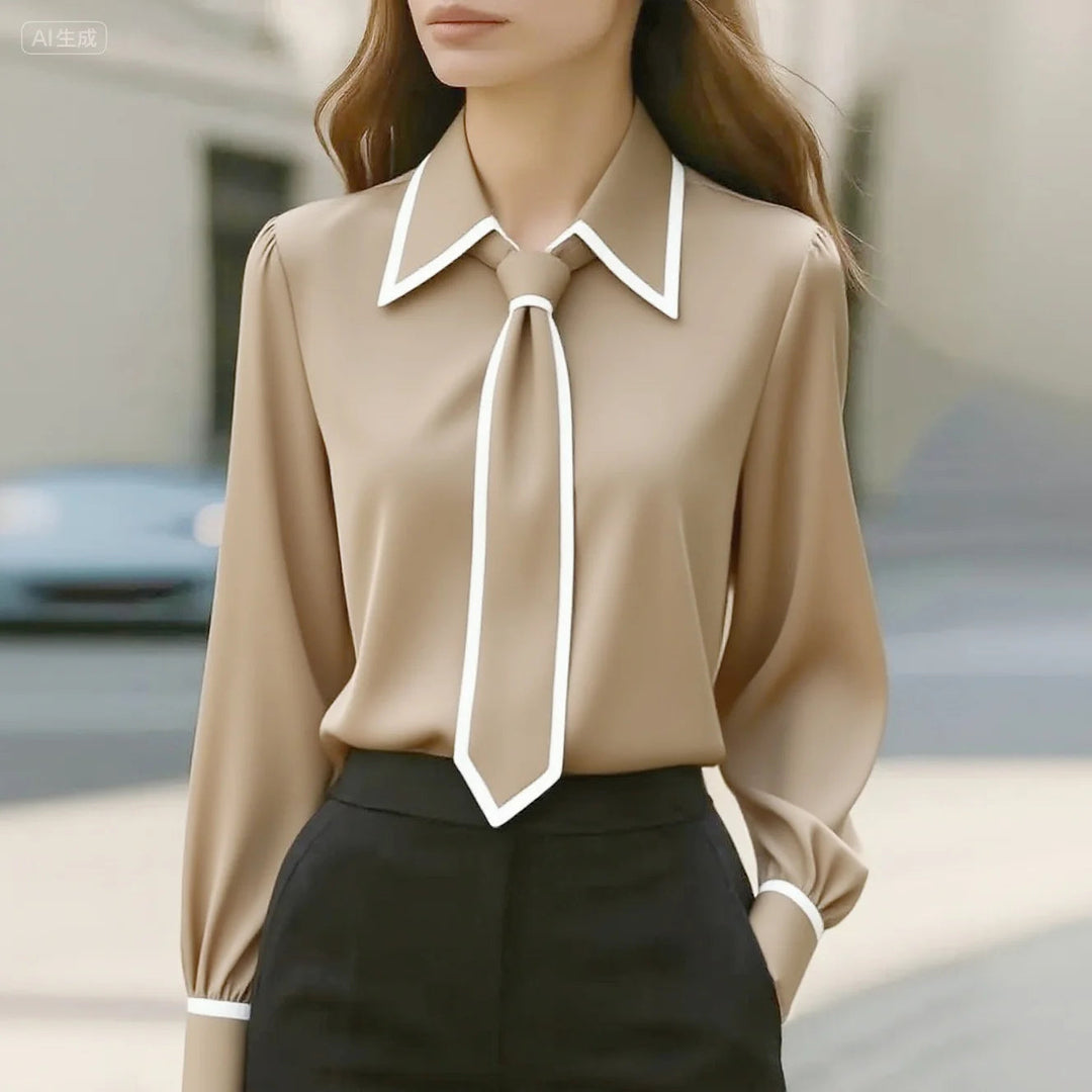 Olivia | Elegant Tie Neck Contrast Collar Blouse